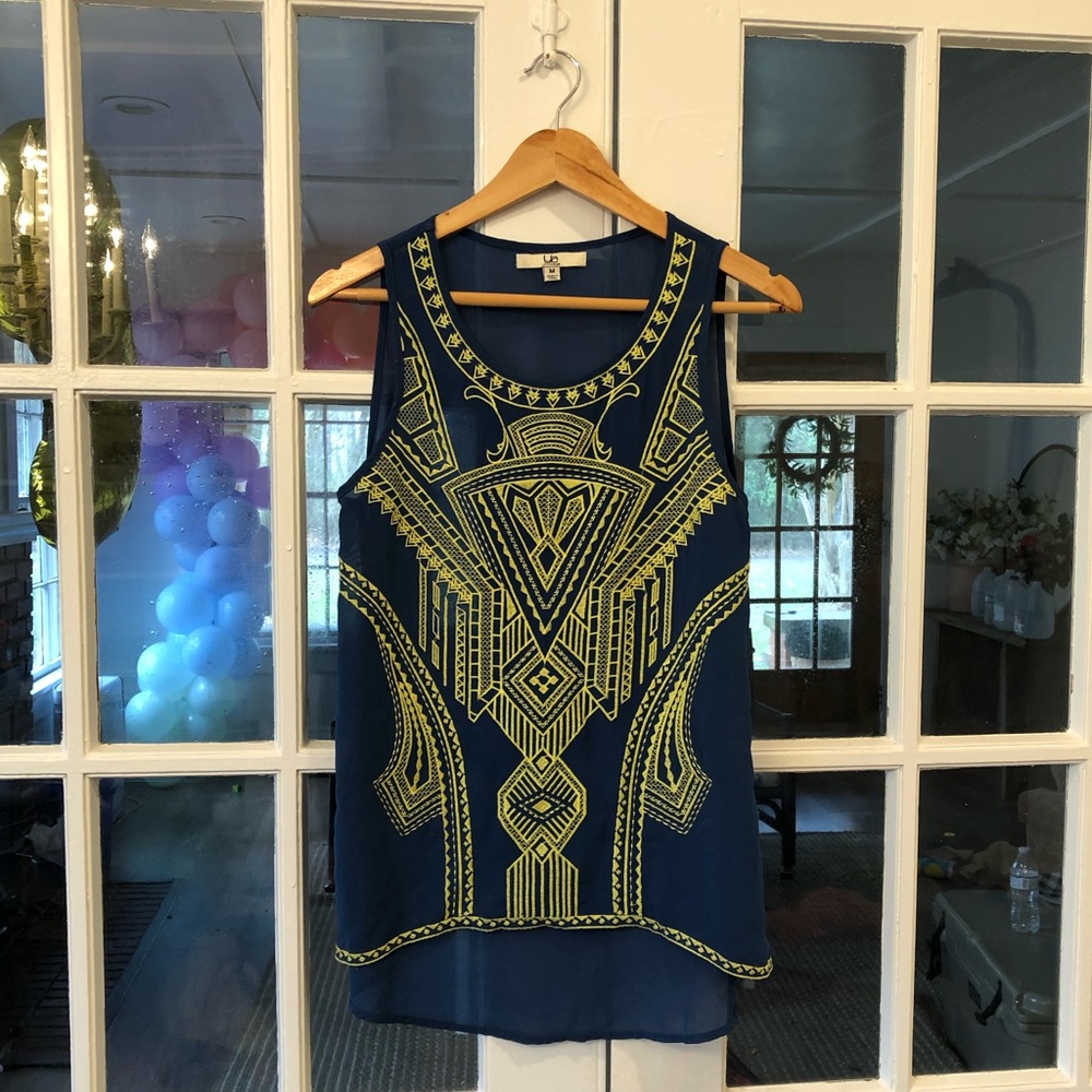 Ya Los Angeles Blue and Chartreuse Embroidered Aztec Top